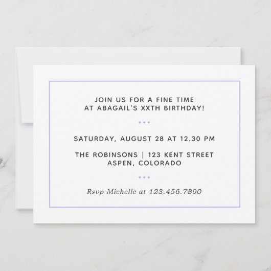 Invitation de fête d'anniversaire violet et or (Dos)