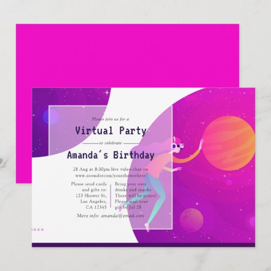 Invitation de fête d'anniversaire virtuelle rose v (Devant / Derrière)
