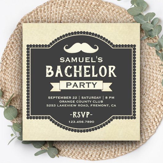 Invitation de fête de bachelor à moustache rustiqu