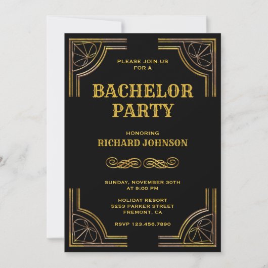 Invitation de fête de bachelor Art Déco Or Noir (Devant)