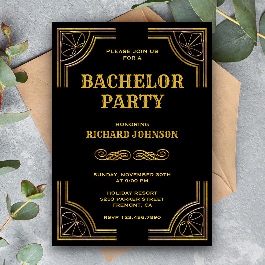 Invitation de fête de bachelor Art Déco Or Noir