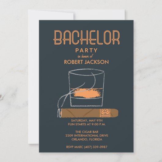 Invitation de fête de bachelor avec cigare et whis (Devant)
