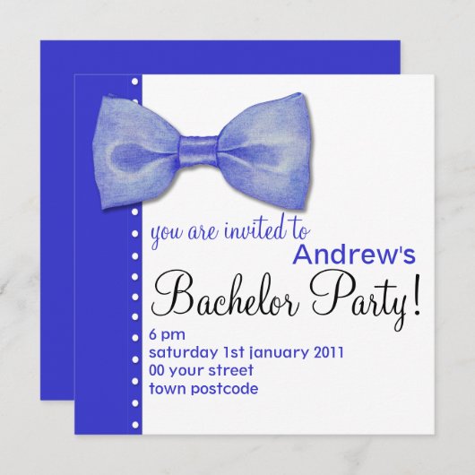 Invitation de fête de Bachelor avec noeud papillon (Devant / Derrière)