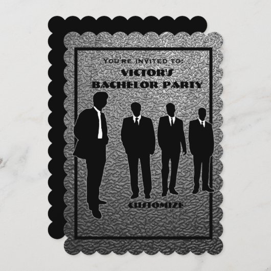 Invitation de fête de bachelor chic noir et argent (Devant / Derrière)