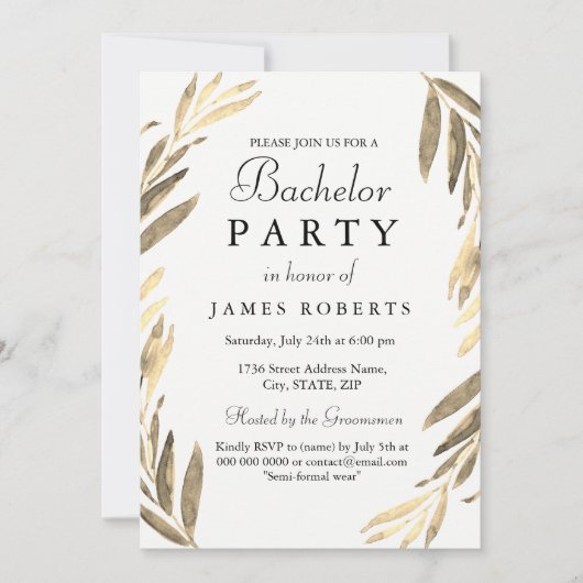 Invitation de fête de Bachelor moderne à feuille d (Devant)