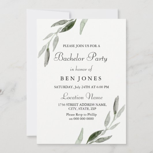 Invitation de fête de bachelor pour hommes à feuil (Devant)