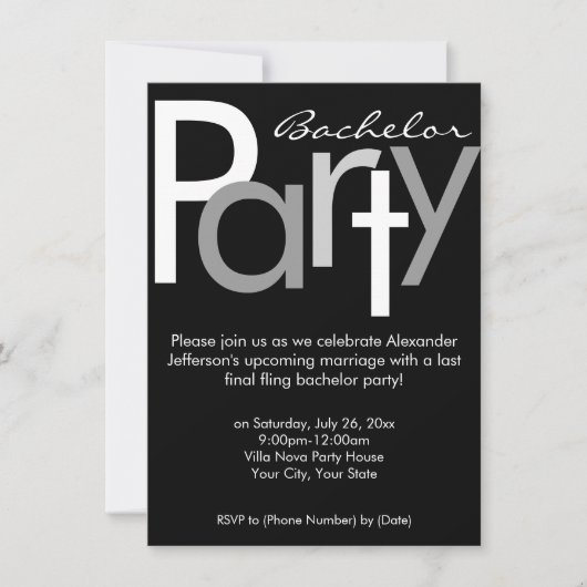 Invitation de fête de bachelor Typographic Gray Bl (Devant)
