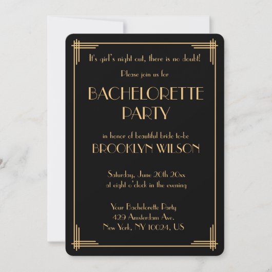 Invitation de fête de Bachelorette Art Déco Black (Devant)