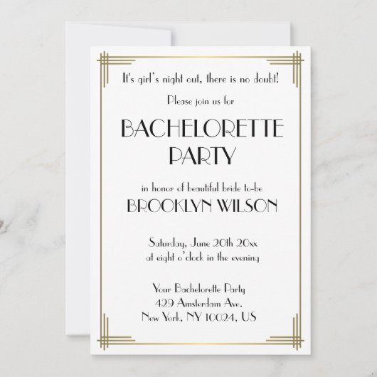 Invitation de fête de Bachelorette Art Déco Blanch (Devant)