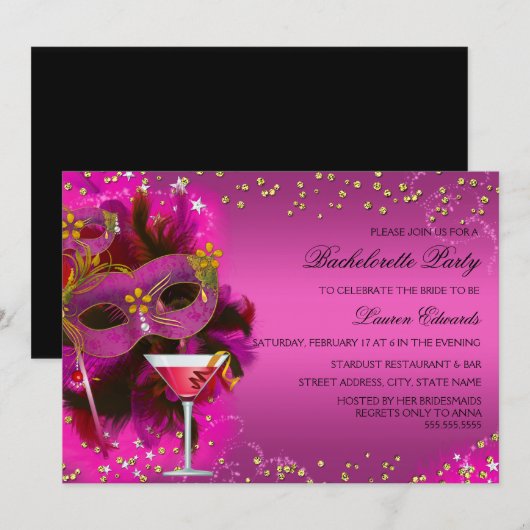 Invitation de fête de bachelorette Masque à plumes (Devant / Derrière)