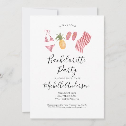 Invitation de fête de bachelorette sur la plage à (Devant)
