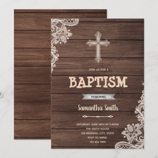 Invitation de fête de baptême rustique (Devant / Derrière)