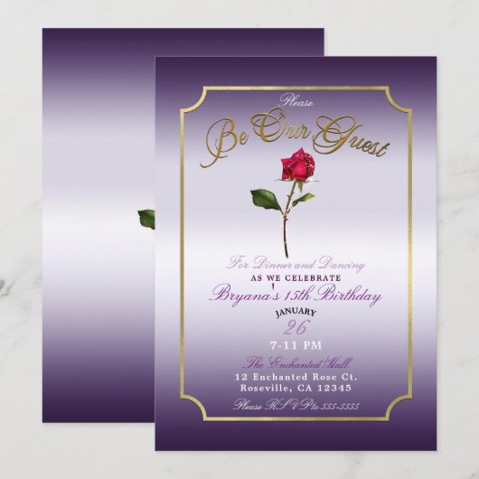 Invitation de fête de beauté de rose rouge violet (Devant / Derrière)