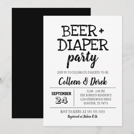Invitation de fête de bière et de couche | Noir et (Devant / Derrière)