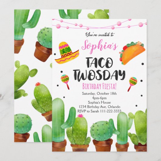 Invitation de fête de cactus aquarelle pour Taco T (Devant / Derrière)