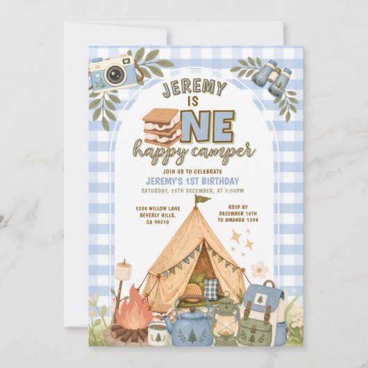 Invitation de fête de camping Blue S'mores pour ga (Devant)