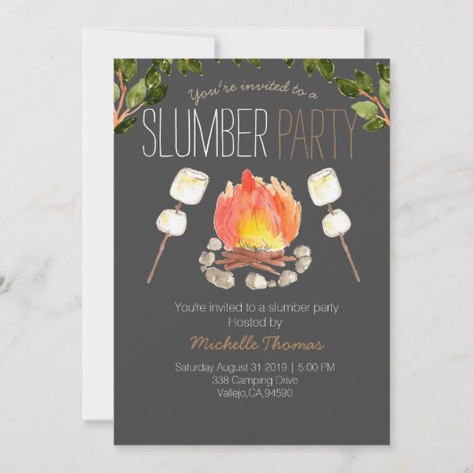 invitation de fête de camping pyjama autour d'un f (Devant)