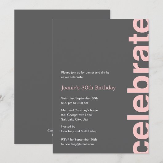 Invitation de fête de célébration moderne - Rose (Devant / Derrière)