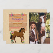 Invitation de fête de cheval à photo Fleur de pone (Devant / Derrière)