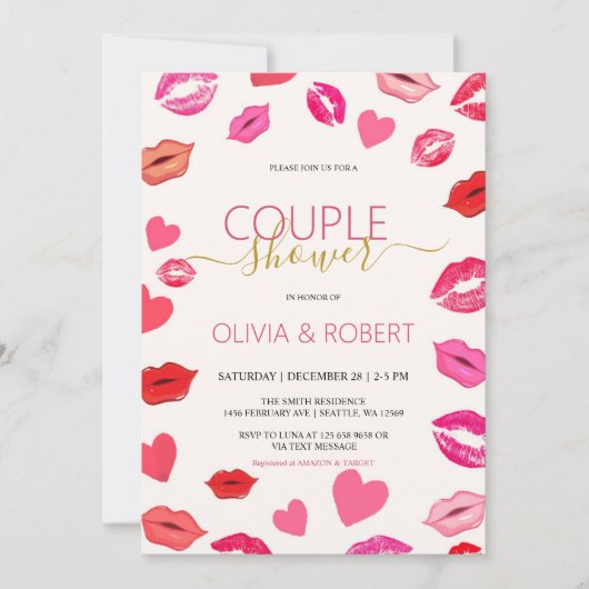 Invitation de fête de couple Lèvres et Cœurs (Devant)