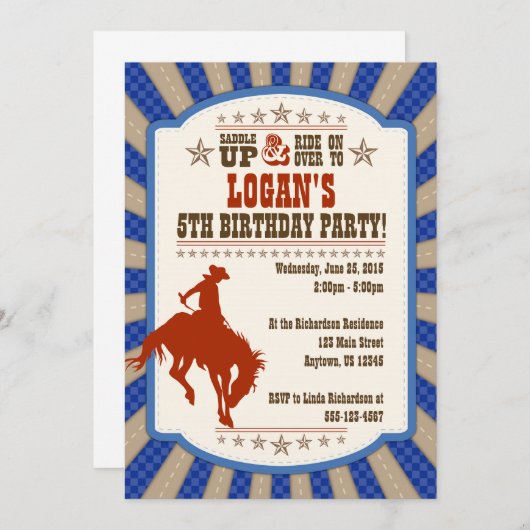 Invitation de fête de Cowboy 5e anniversaire (Devant / Derrière)