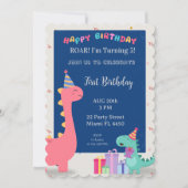 Invitation de fête de dinosaure rose et bleue pers (Devant)
