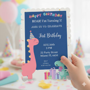 Invitation de fête de dinosaure rose et bleue pers