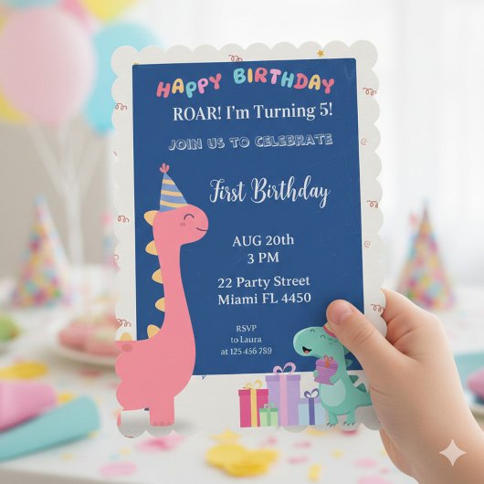 Invitation de fête de dinosaure rose et bleue pers