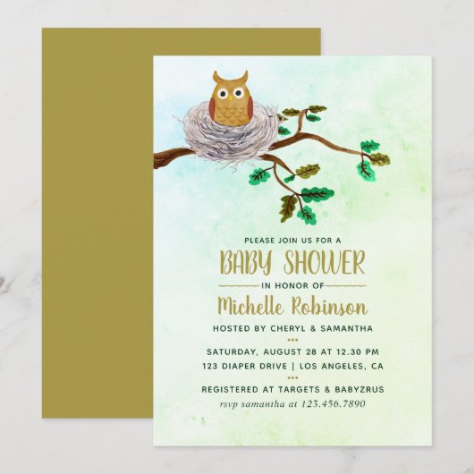 Invitation de fête de douche de bébé chouette aqua (Devant / Derrière)