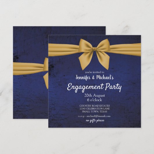 Invitation de fête de fiançailles bleu foncé et or (Devant / Derrière)