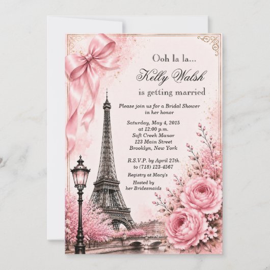 Invitation de Fête de Fiançailles Tour Eiffel Rose (Devant)
