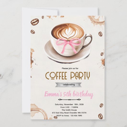 Invitation de fête de fille sur le thème du café (Devant)