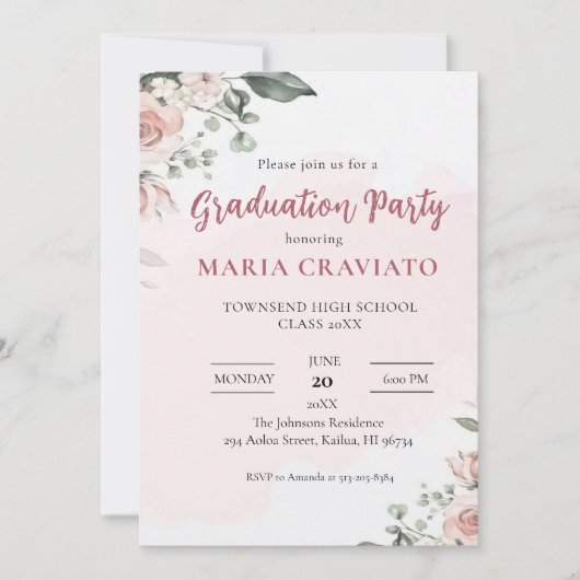 Invitation de fête de fin d'études à fleurs douces (Devant)