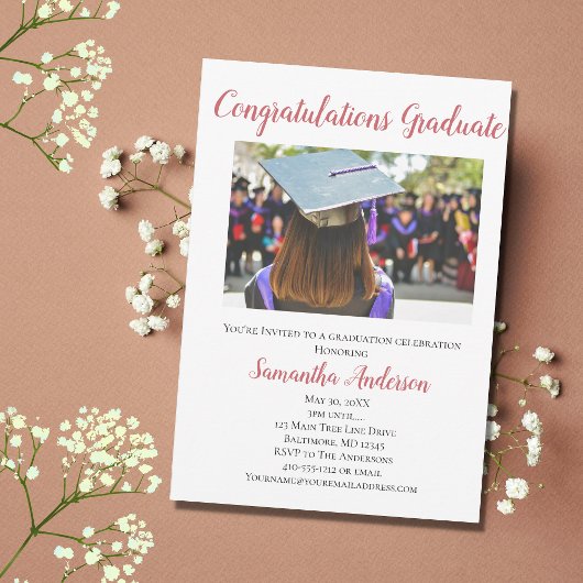 Invitation de fête de fin d'études en photo rose