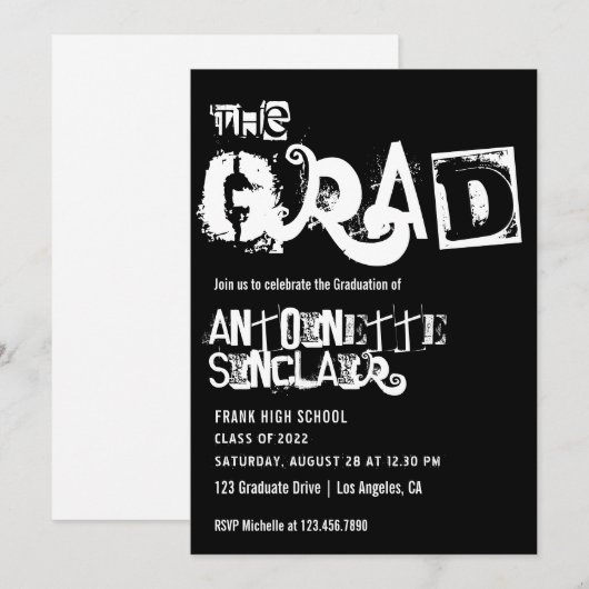 Invitation de fête de fin d'études en typographie (Devant / Derrière)