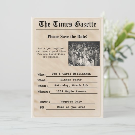 Invitation de fête de journal vintage (Debout devant)