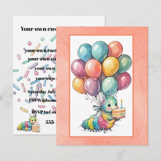 Invitation de fête de la chenille mignonne TÉLÉCHA (Devant / Derrière)