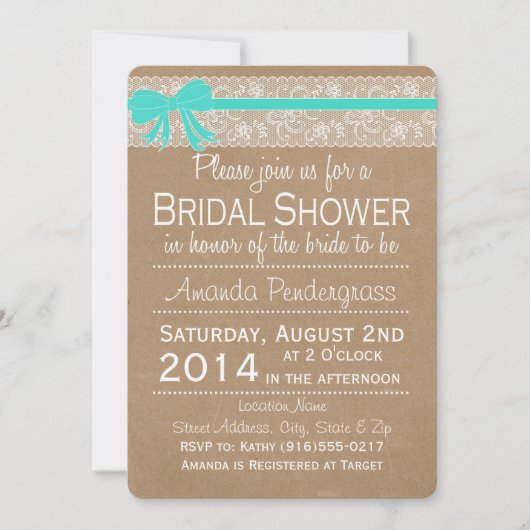 Invitation de Fête de la mariée de dentelle de (Devant)