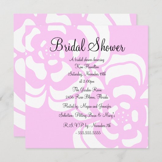 Invitation de Fête de la mariée de fleur rose et (Devant / Derrière)