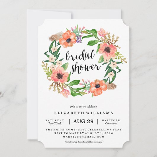 Invitation de Fête de la mariée de guirlande de (Devant)