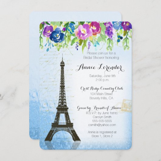 Invitation de Fête de la mariée de Paris de fleur (Devant / Derrière)
