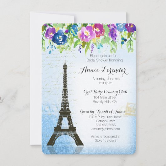 Invitation de Fête de la mariée de Paris de fleur (Devant)