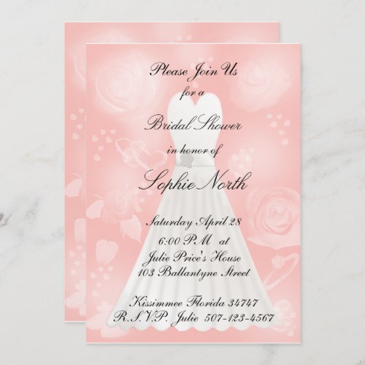 Invitation de Fête de la mariée de pêche de roses (Devant / Derrière)