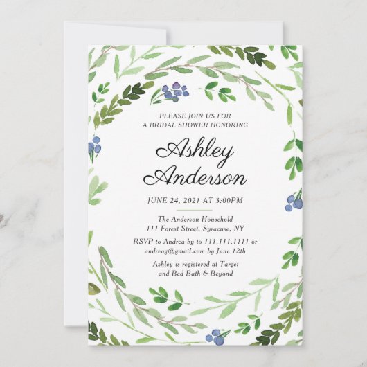 Invitation de Fête de la mariée de verdure de baie (Devant)