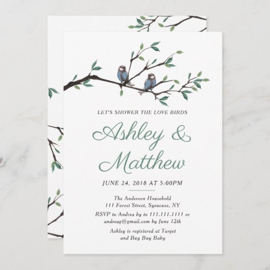 Invitation de Fête de la mariée d'inséparables (Devant / Derrière)