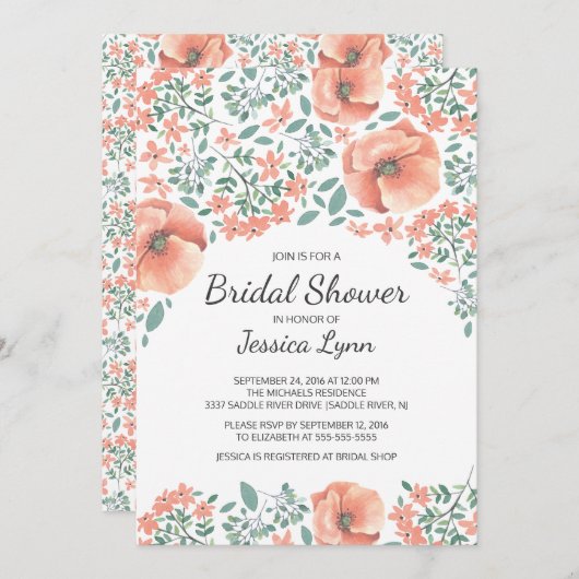 Invitation de Fête de l'mariée de jolies fleurs de (Devant / Derrière)