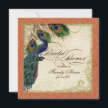 Invitation de Fête de l'mariée Peacock & Feathers<br><div class="desc">SÉLECTION DE PAPIER: Ceci est montré sur "papier de base", un autre grand choix serait "glace métallique" qui est une surface blanche et brillante perle. Il serait également magnifique sur le lin "Champagne Metallic", feutre ou n'importe lequel des autres choix. PALETTE DE COULEUR: orange, bronzage, bleu roi crème, vert et...</div>