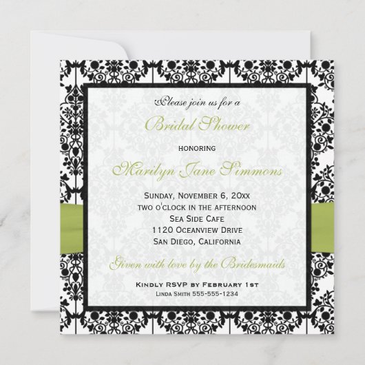 Invitation de Fête de l'mariée vert, blanc, noir D (Dos)