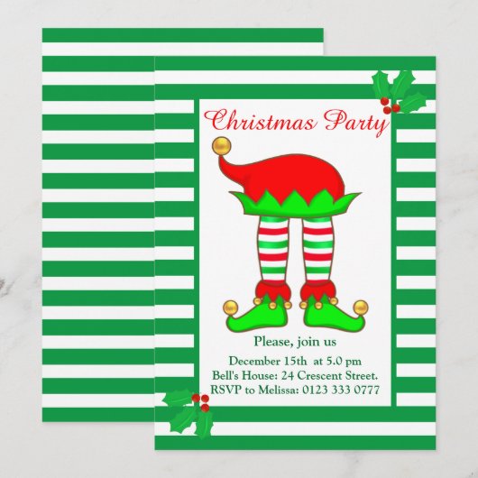 Invitation de fête de lutin de Noël sur fond vert (Devant / Derrière)