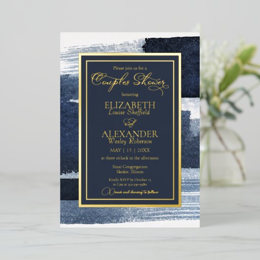 Invitation de Fête de Mariage Abstraite | Or Bleu (Debout devant)